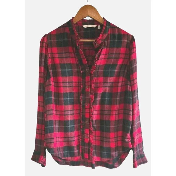 Soft Surroundings Shirt Womens M Triana Red Plaid Button Front Flannel  Ruffle - Picture 1 of 8